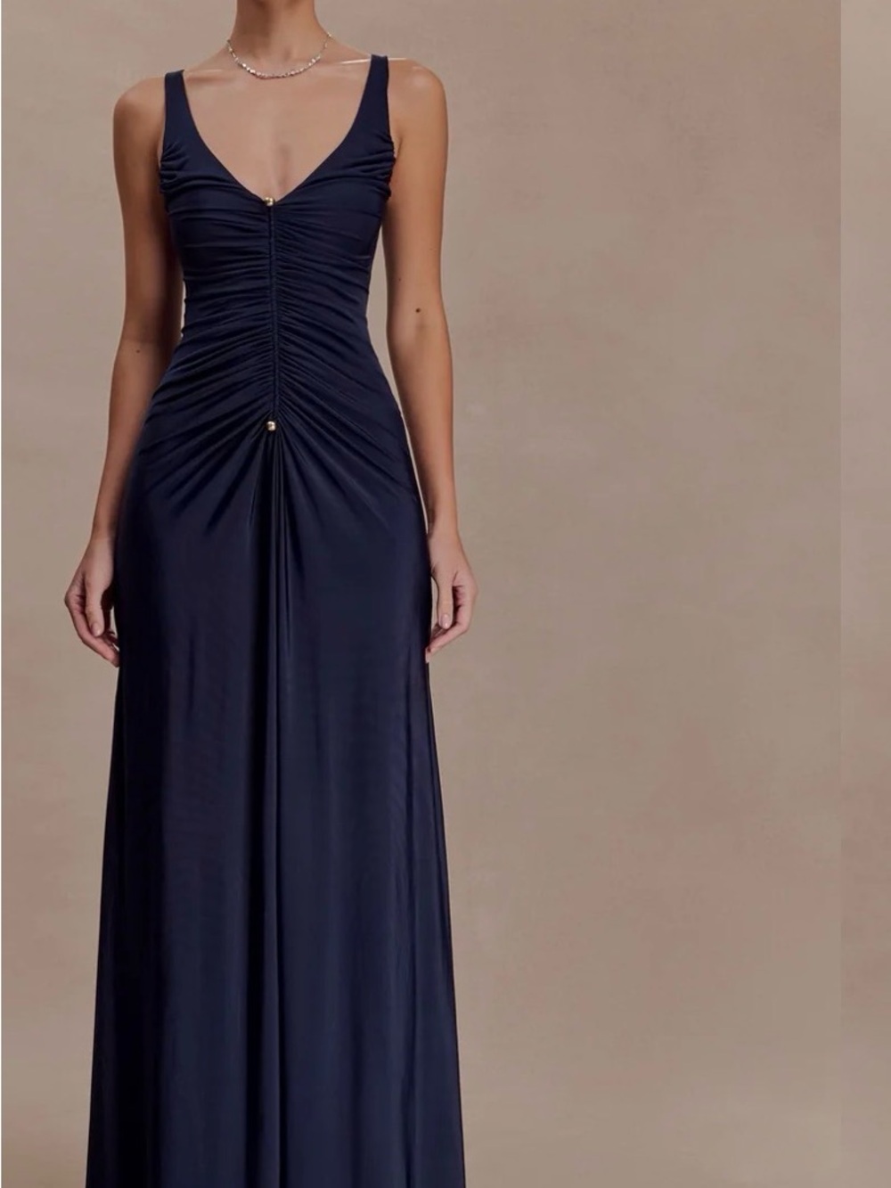 Meshki Navy Ruched Maxi Dress with V-Neck